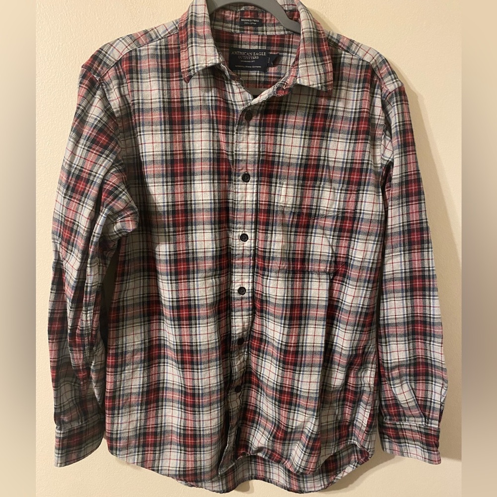 Mens American Eagle Red White Plaid Brushed Twill Button Down Shirt Size Small